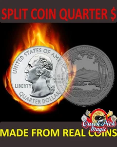 MAGIC QUARTER DOLLAR SPLIT COIN / US 25 CENT SPLIT COIN MAGIC / Coin Through Bag - Picture 1 of 1
