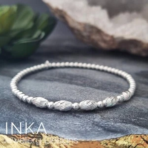 925 Sterling Silver Plain 3mm Textured bead Stacking Stretchy Bracelet by INKA - Picture 1 of 9
