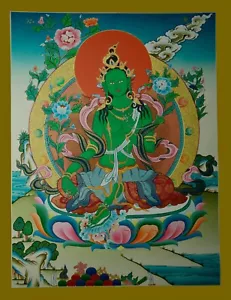 Pintura ritual Thangka de lona verde tara pintada a mano de oro detallado - Imagen 1 de 10