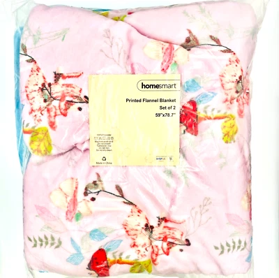 NWOT HOMESMART  Pink Butterfly Flower/Solid BabyBlu Set of 2 Microfiber Blankets - Image 1 of 4