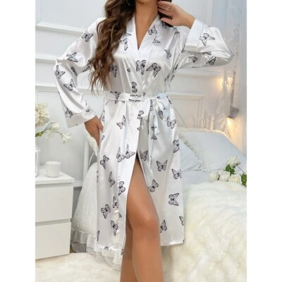 Batas de seda para mujer novia dama de honor satinado albornoz cuello en V ropa de dormir manga larga Foto 1 de 4