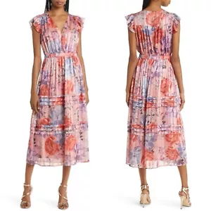 New Adelyn Rae Emmie Pleated Midi Dress in Desert Coral Size XS Metallic Flutter - Picture 1 of 15