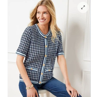Cárdigan Suéter Talbots XS Azul Tejido Tweed Manga Corta Botones Dorados Foto 1 de 4