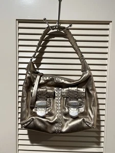 Michael Kors Metallic Leder Handtasche Tasche Geldbeutel Whipstitch Schnalle Champagner Gold - Bild 1 von 17