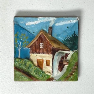 Vintage handbemalte 3D Fliese Landhaus Berge Bäume französisches Bauernhaus Prärie - Bild 1 von 5