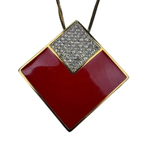 Givenchy Gold Tone Red Enamel Crystal Pendant Necklace 1982 Art Deco Vintage - Picture 1 of 5