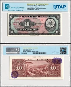 Mexico 10 Pesos, 1954, P-58b, UNC Signatures & Series Vary, Authenticated - Picture 1 of 1