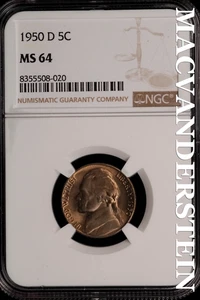 1950-D Jefferson Nickel - NGC MS 64 - Brilliant Unc  No Reserve  #SLi162 - Picture 1 of 2