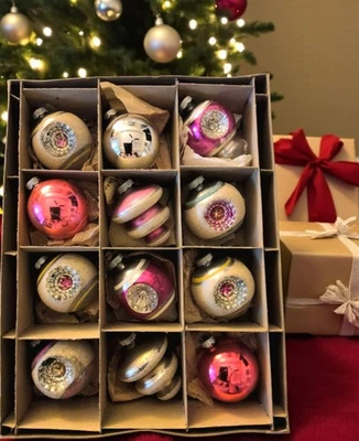 Vintage Shiny Brite Christmas Ornaments Indents Tornado 1930s W/Original Box  - Image 1 of 4