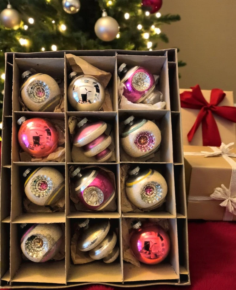 Vintage Shiny Brite Christmas Ornaments Indents Tornado 1930s W/Original Box  - Image 1 of 4