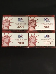 4 Sets U S Mint 50 State Quarters Silver Proof Sets, 2-2001, 1-2002, 1-2003, COA - Picture 1 of 7