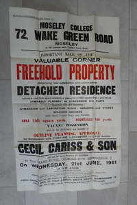 Property Auction Poster 72 Wake Green Road Moseley Birmingham 1961 - Picture 1 of 4