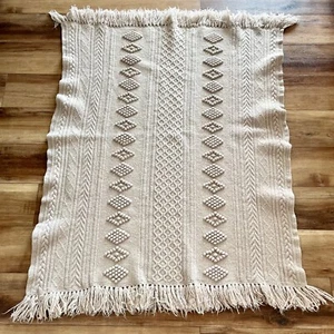 Manta de cama de lana tejida a mano de diamantes bobble afganos de colección 55”x42” borla beige - Imagen 1 de 10