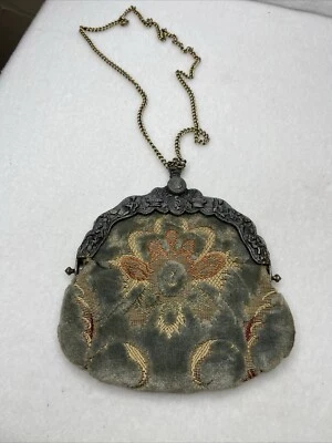 Antique 1910s embroidered floral cast brass initialed purse bag - Image 1 of 4