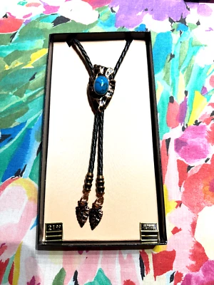 Mens Bolo Tie with Turquoise Oval Stone Arrowhead Wheelers Gem World Vintage NIB - Image 1 of 4