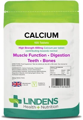 Calcium High Strength 400mg x 100 Tablets; Bones, Muscle Function; Lindens   - Image 1 of 4