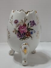Vintage  Cracked Egg Shaped Vase Pink Roses Footed Vase Planter - 5 in