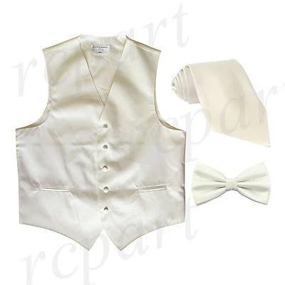 New Men's Solid Tuxedo Vest Waistcoat Necktie & Bowtie Set Party Prom Cream - Image 1 of 4