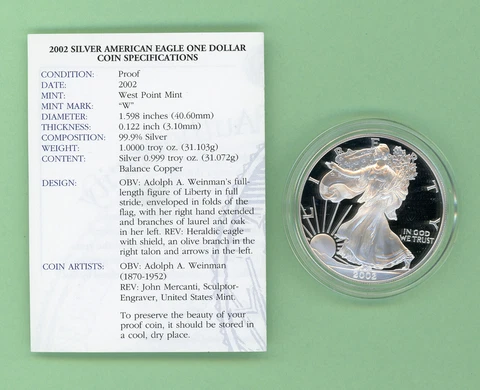 US Proof Silver Eagle, 1 coin, 2002, Mint Pkg + COA Cover
