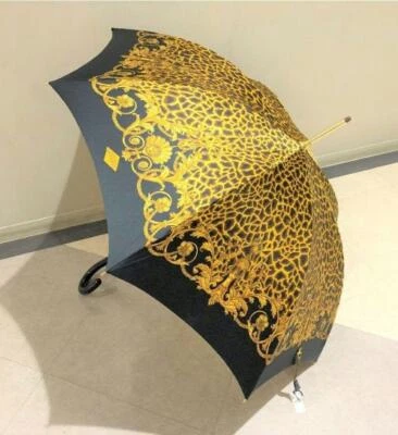 Paraguas de lluvia largo con estampado de leopardo VERSACE dorado negro poliamida nailon hecho en Italia Foto 1 de 4