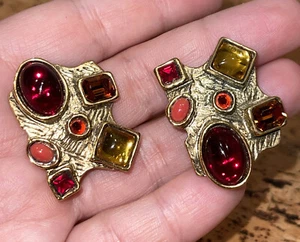 Pendientes Joya Vintage MCM Clip-on Rojo Amarillo Naranja Oro ENTRE GUILLEMETS - Imagen 1 de 12