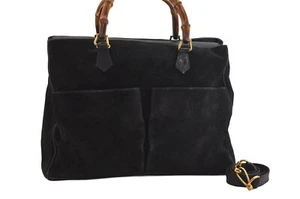 Auténtico Bolso de Mano GUCCI Vintage Bambú 2 Vías Cuero Gamuza Negro 7363M - Imagen 1 de 10