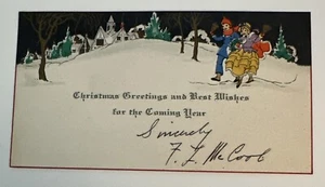 Vintage bunte Art Deco Weihnachtskarte - Kinder laufen im Schnee - Bild 1 von 2