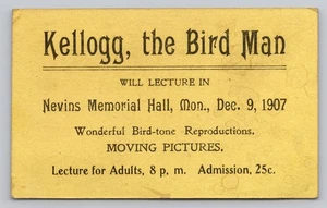 1907 Kellogg Bird Man Trade Card Nevins Hall Lecture Early Cinema Ephemera - Picture 1 of 2