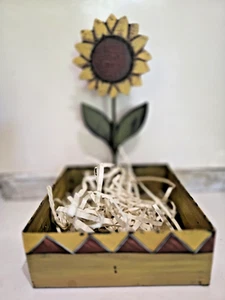 Sunflower Metal Basket Box, Mustard Yellow Red Design, Green Leaves, Summer - Picture 1 of 12