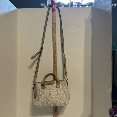 Calvin Klein Off White With Gold Detailing Crossbody Monogram Purse Adj. Strap - Image 1 of 4