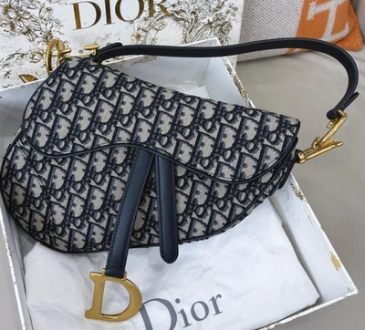 Christian Dior Oblique MM Saddle Shoulder Bag Blue Gold Women Classic - Image 1 of 4
