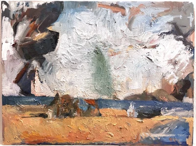 Anime Eugene Boudin Seascape Battle Mecha Monster Oil On Canvas 18x24 Original - Image 1 of 4