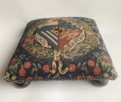 Made in France Tapestry Lion Heraldry Padded Footstool Wood Legs - Image 1 of 4