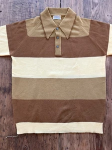 Vintage 60s Towncraft Penneys Loop Collar Knit Polo Shirt Striped Gold Acrylic - Picture 1 of 11