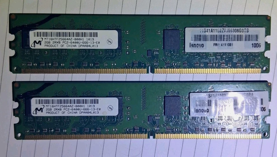 LENOVO (2) 2GB RAM PC2 6400U NON ECC DIMM Memory Module 41X1081 - Tested 4GB - Image 1 of 4
