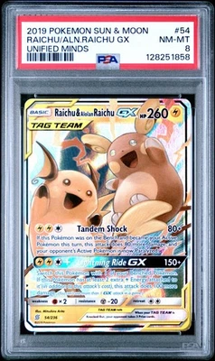 PSA 8 NM/MT 2019 POKEMON SUN & MOON UNIFIED MINDS #220 RAICHU/ALN.RAICHU GX FA - Image 1 of 2