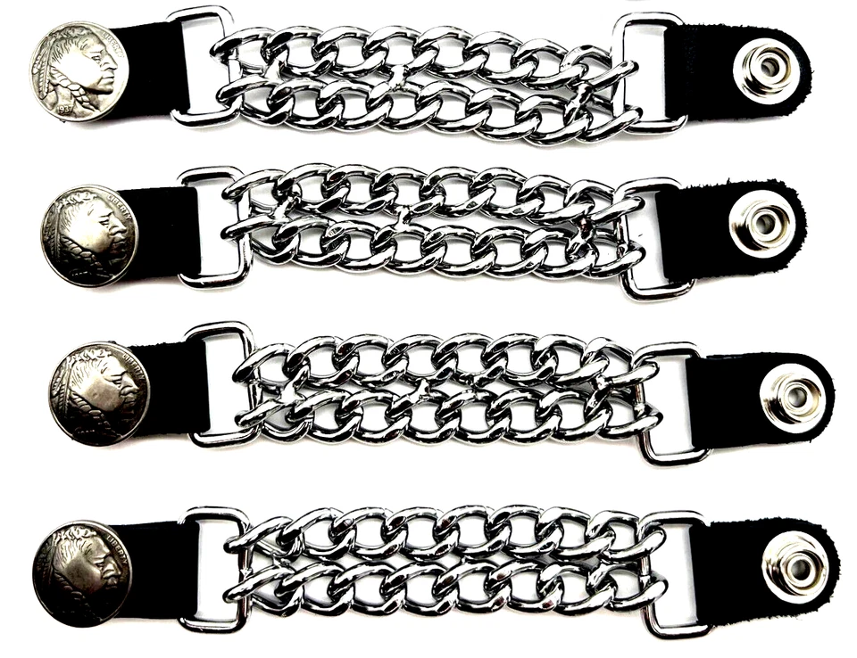 4 INDIAN HEAD DIAMOND CUT CHROME CHAIN MOTORCYCLE BIKER VEST EXTENDERS USA MADE - Image 1 of 2