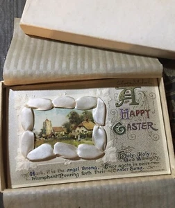 Vintage FROHE OSTERN Feiertag Gruß Postkarte mit Box viktorianisch 1914? Freeburg IL - Bild 1 von 4