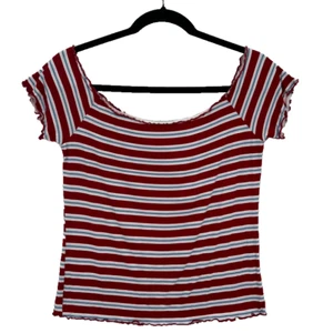 PacSun Crop Top Womens Large Red Blue Off Shoulder Lettuce Scalloped Trim Y2K - Picture 1 of 9