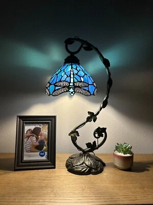 ENJOY DECOR LAMPS Tiffany Style Table Lamp Blue Stained Glass Dragonfly LED Bulb Included 21”H11"W