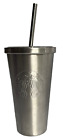 Starbucks 2014 Silver Metal Stainless Steel Cold Cup Tumbler Mermaid 16oz  Straw
