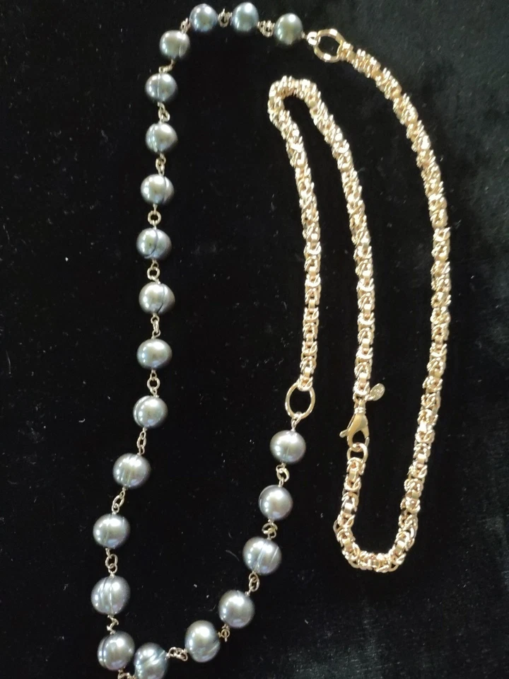 HONORA 青铜意大利巴洛克灰色珍珠 36 英寸项链带拜占庭链 — 第 1/4 张图片