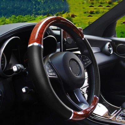 Leather Wood Grain Steering Wheel Cover Good Grip Car Accessories For 15''/38cm - Image 1 of 4