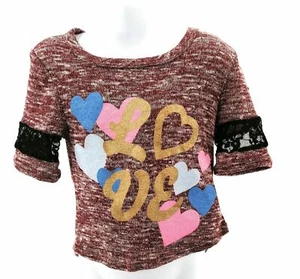 My Belle Girls 4 Short Sleeve High Low Top Burgundy With Hearts - Picture 1 of 12
