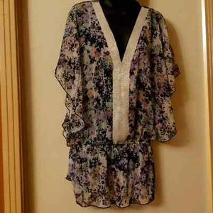 Badgley Mischka Sheer Beaded Floral Sz M Top - Picture 1 of 7
