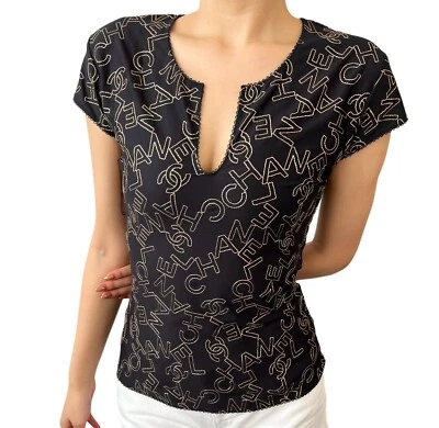 CHANEL Vintage 05A CC Logo Short Sleeve Top #40 V-neck Black Stitch Polyamide - Image 1 of 4