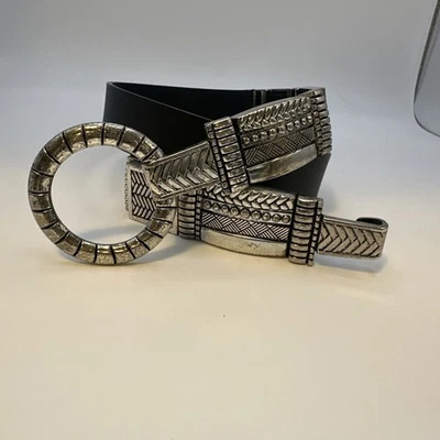 VTG Chico's 90's/Y2K Med Black Leather Stretch Boho Ornate Silver Metal Belt - Image 1 of 4