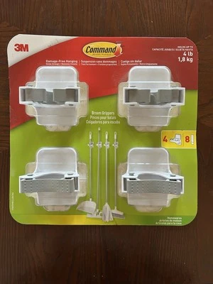 3M Command Adhesive Wall Mounted White Gray Broom Mop Grippers 4 Pk New - Image 1 of 4