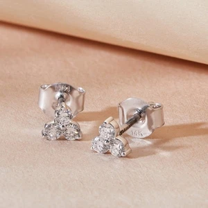 Womens Three Stone Cluster Lab Grown Diamond Earring 0.20Ct Solid 14K White GOld - Picture 1 of 12