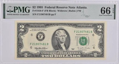 PMG Gem Unc 66 EPQ $2 1995 Atlanta, GA US Federal Reserve Note Fr#1936-F *6267 - Image 1 of 3